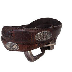 Leather Golf belt with metal gold medalians braided brown leather size 38 mens